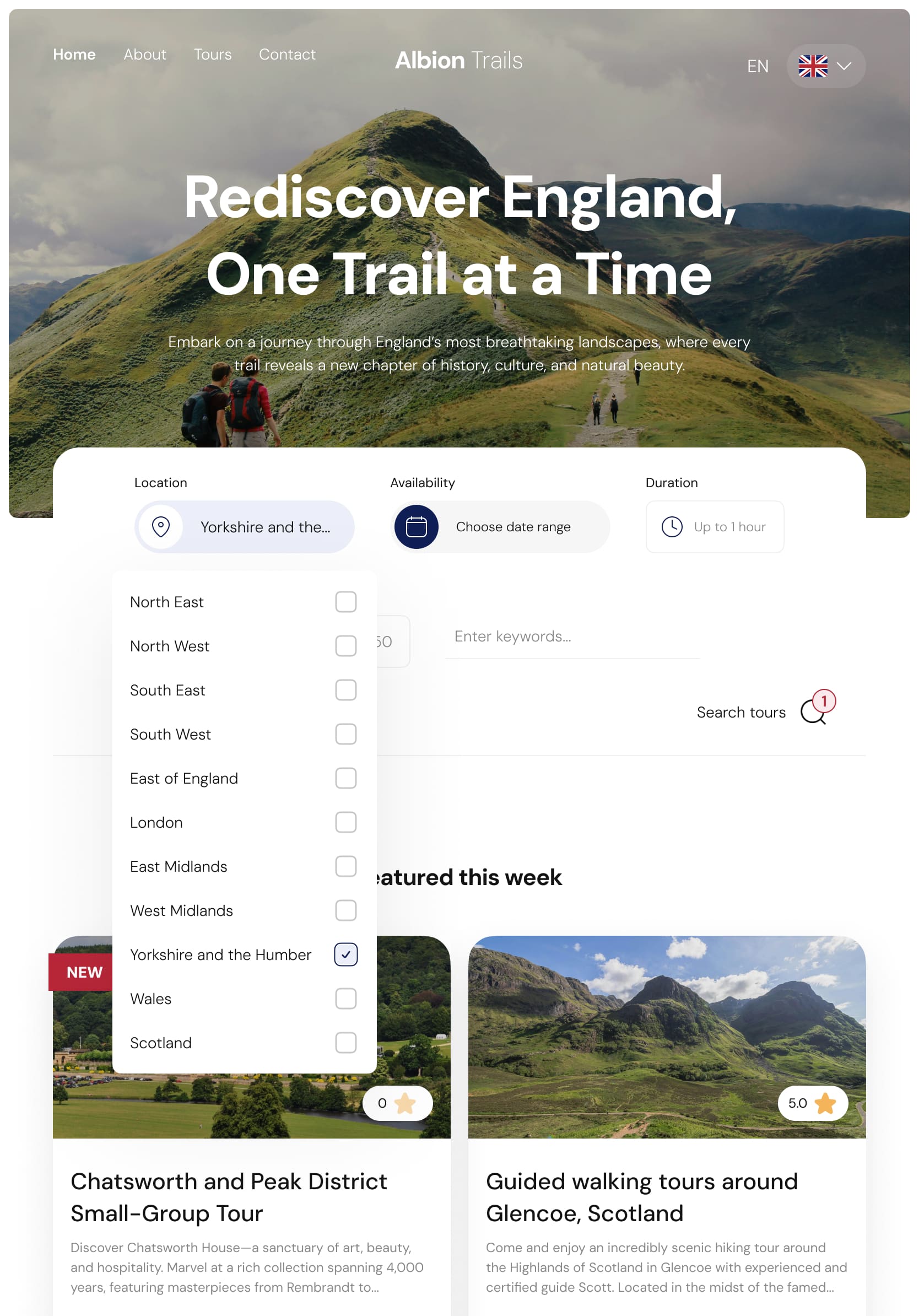 Website interface displaying a tour service platform inside a tablet breakpoint. Features an expanded filtering option by a category of tour location.